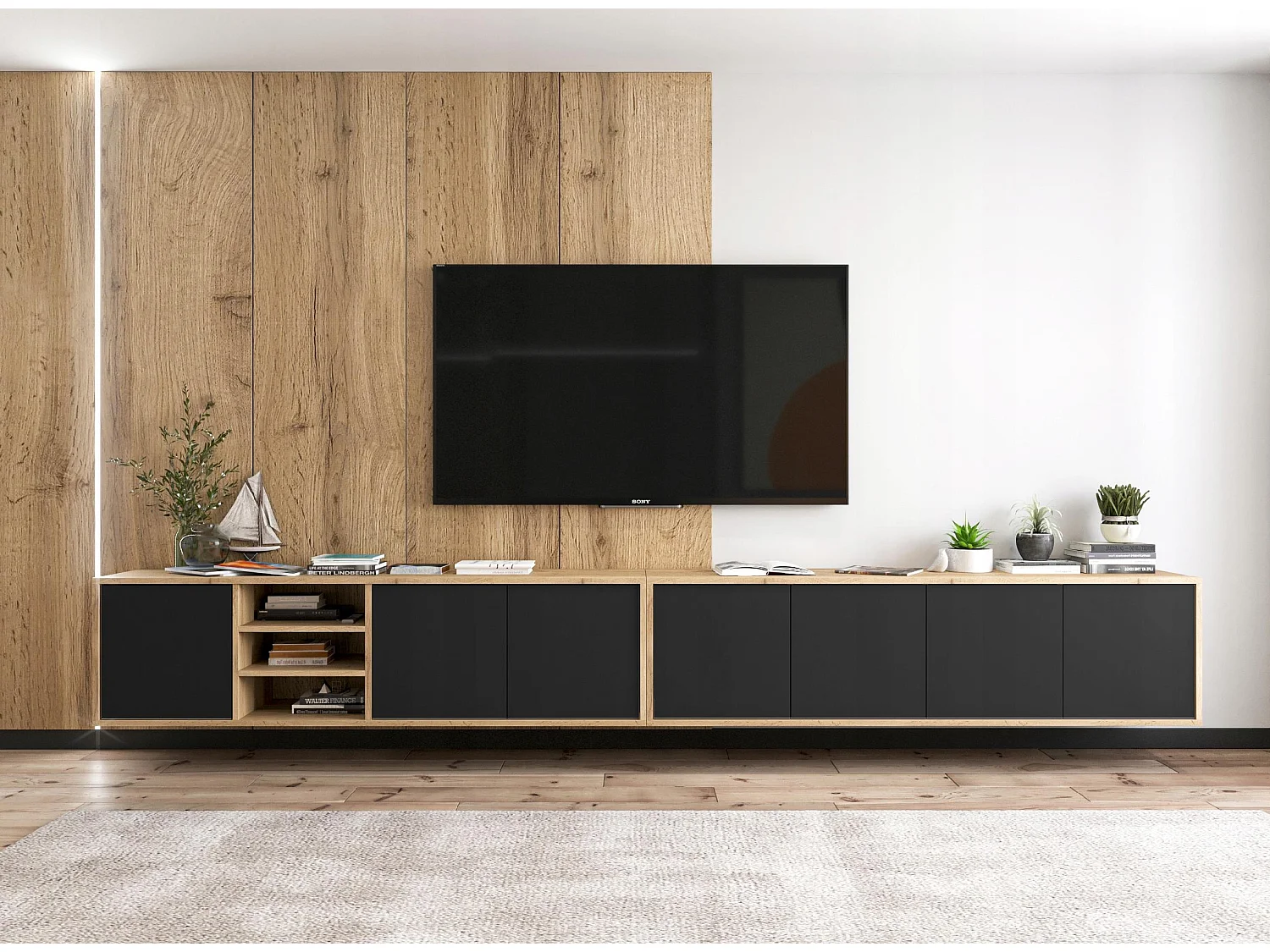 Meuble TV avec 7 portes et 1 niches - carcasse chêne wotan façades noir mat - 300 cm