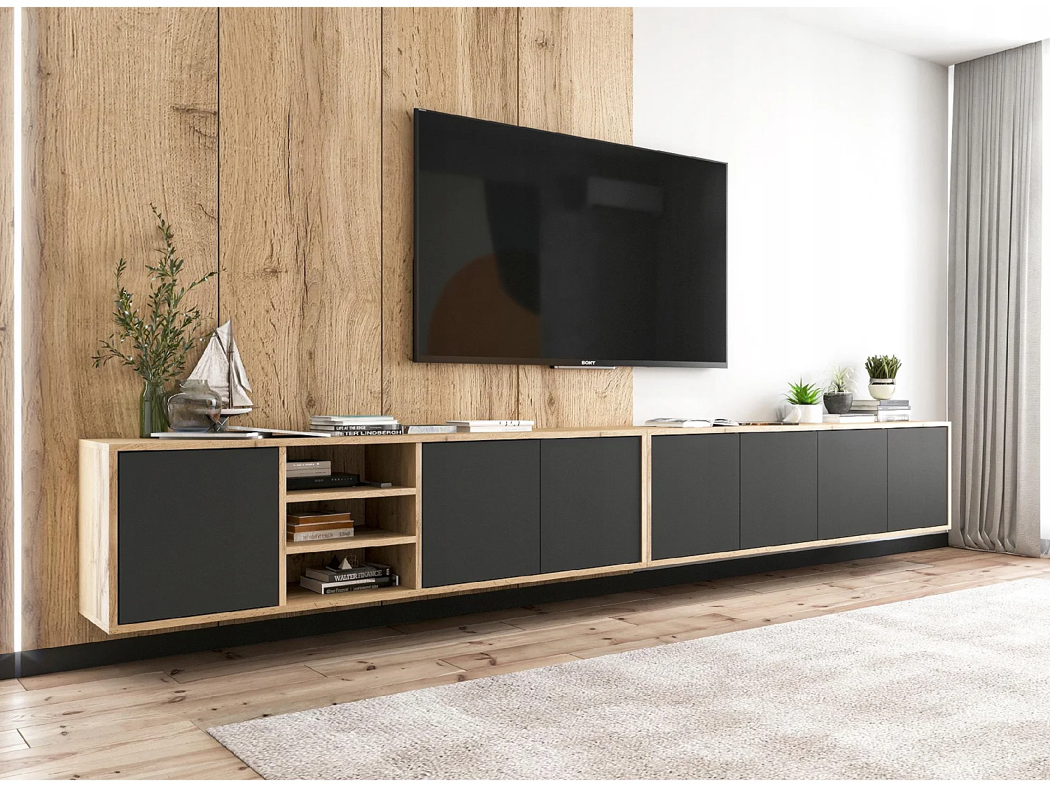 Meuble TV avec 7 portes et 1 niches - carcasse chêne wotan façades noir mat - 300 cm