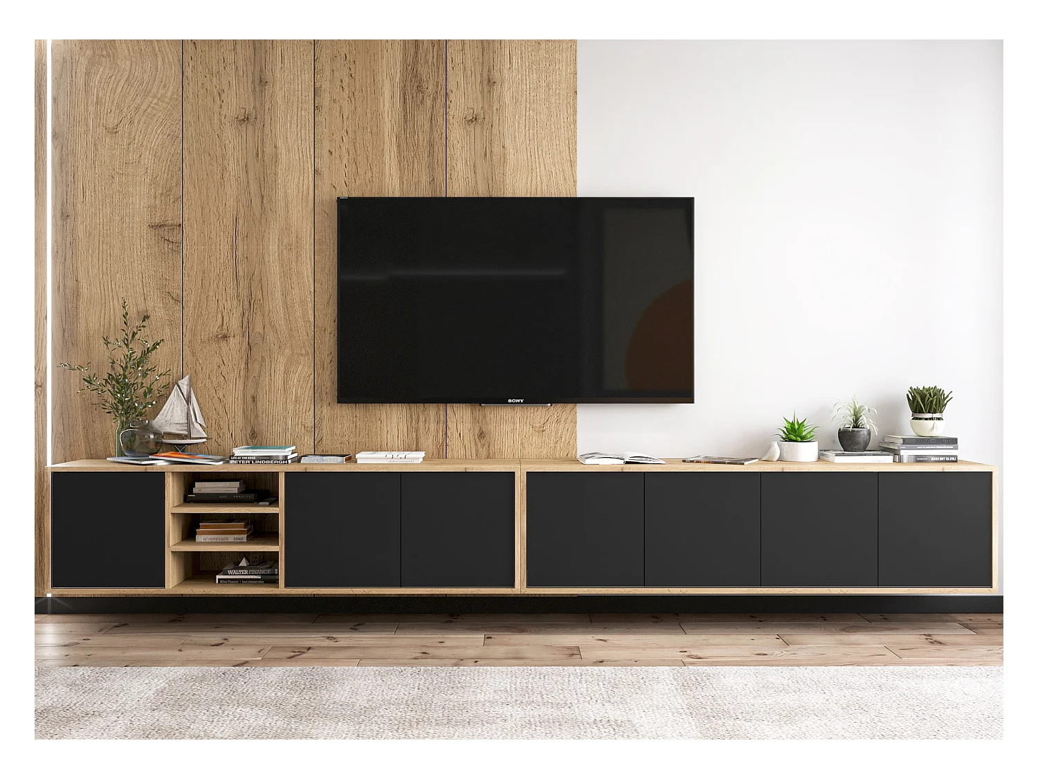 Meuble TV avec 7 portes et 1 niches - carcasse chêne wotan façades noir mat - 300 cm