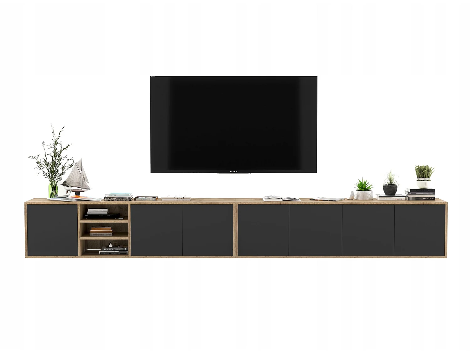 Meuble TV avec 7 portes et 1 niches - carcasse chêne wotan façades noir mat - 300 cm