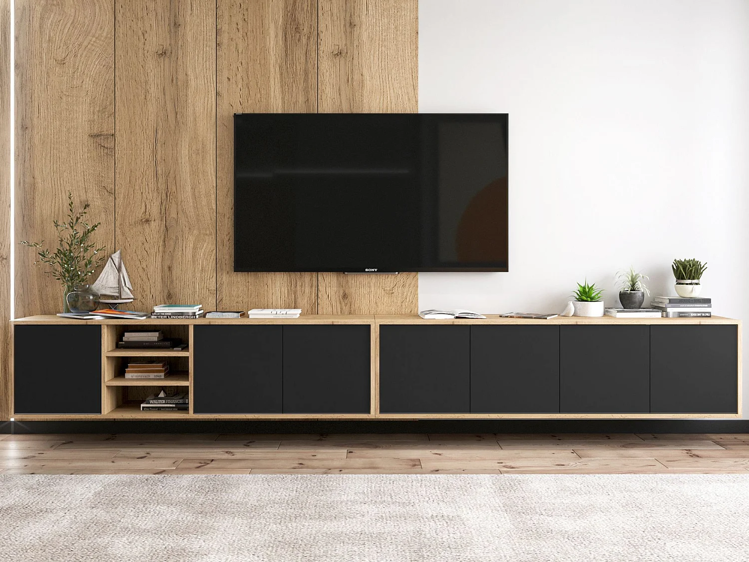 Meuble TV avec 7 portes et 1 niches - carcasse chêne wotan façades noir mat - 300 cm