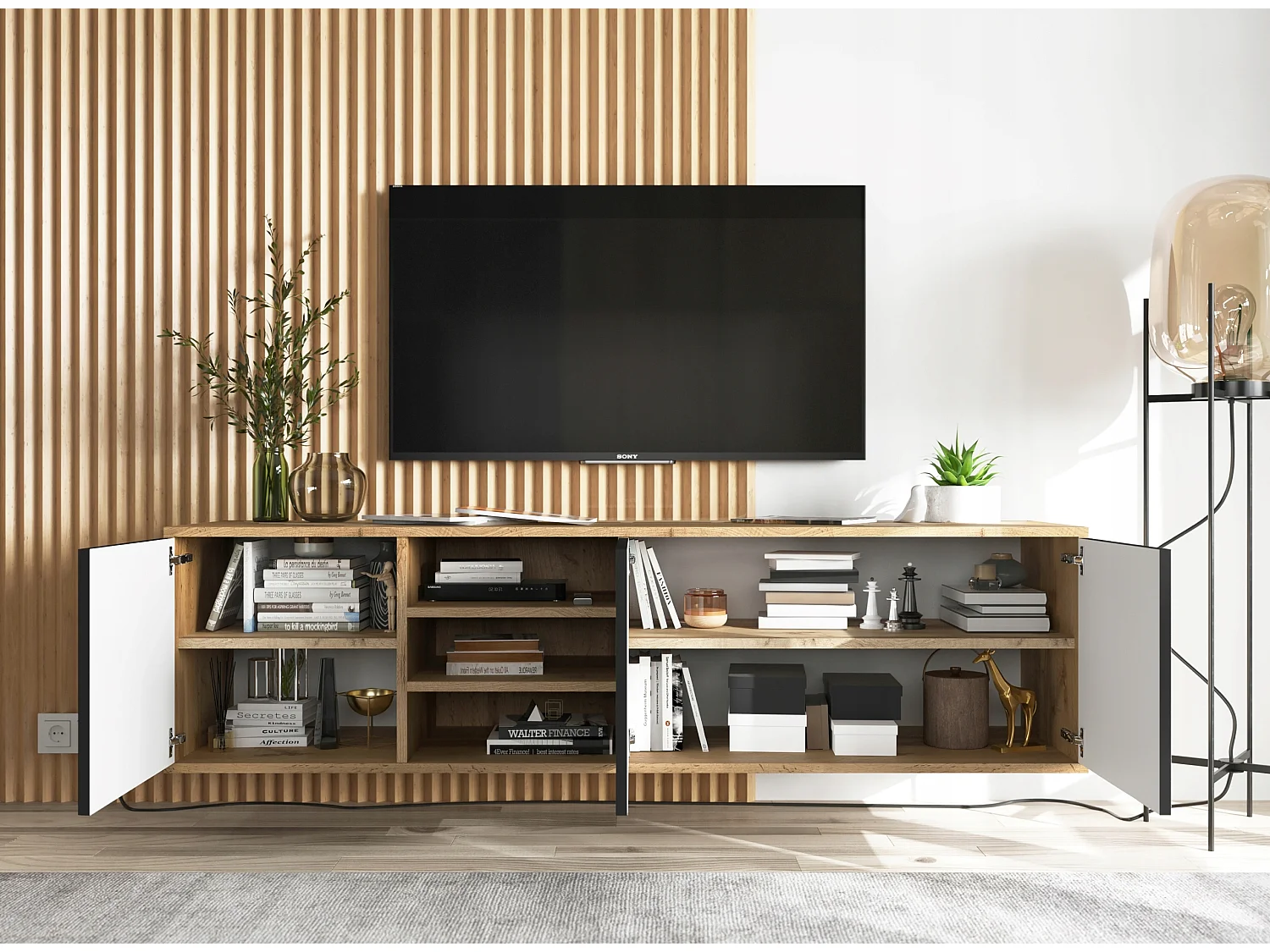 Tv-meubel met 3 deuren en 1 open vak - kast wotan eik, fronten zwart mat - 150 cm