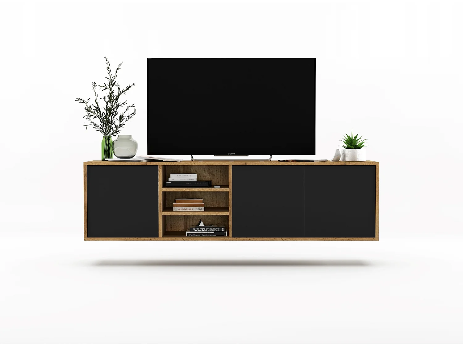 Tv-meubel met 3 deuren en 1 open vak - kast wotan eik, fronten zwart mat - 150 cm