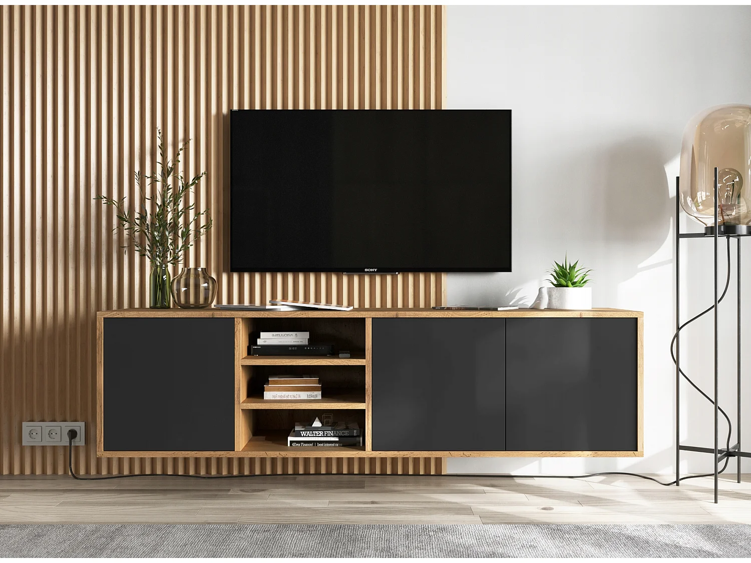 Tv-meubel met 3 deuren en 1 open vak - kast wotan eik, fronten zwart mat - 150 cm