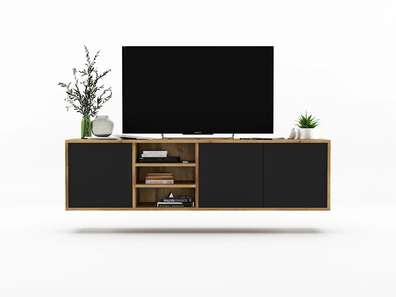 Meuble TV avec 3 portes et 1 niches - carcasse chêne wotan façades noir mat - 150 cm