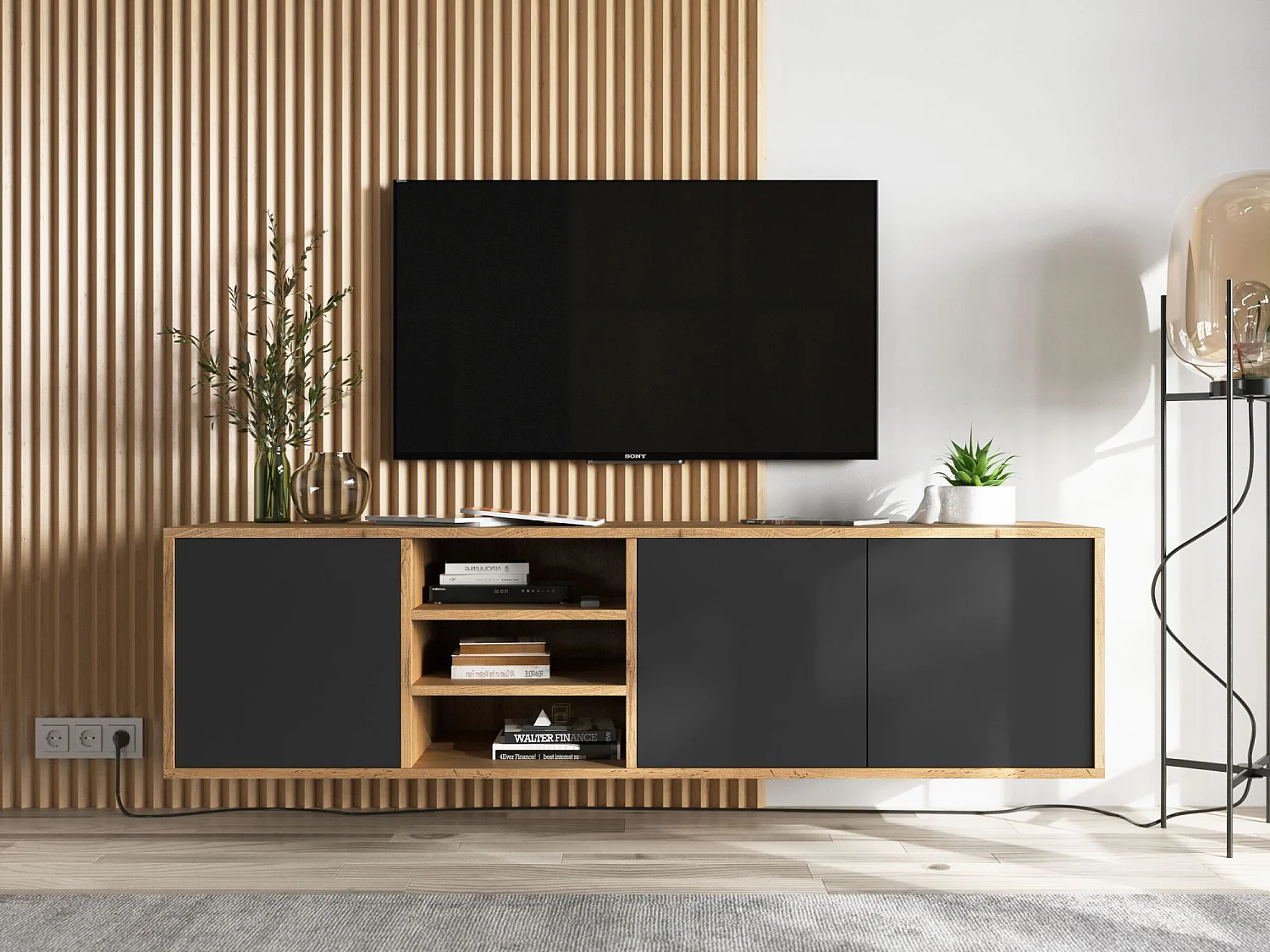 Meuble TV avec 3 portes et 1 niches - carcasse chêne wotan façades noir mat - 150 cm