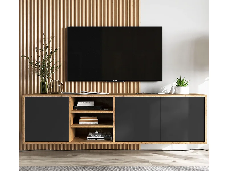 TV-Möbel mit 3 Türen und 1 Nische - Korpus Wotan-Eiche, Fronten Schwarz matt - 150 cm