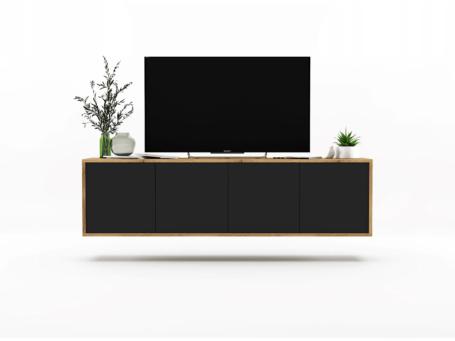 Mueble de TV con 4 puertas - cuerpo roble wotan frentes negro mate - 150 cm