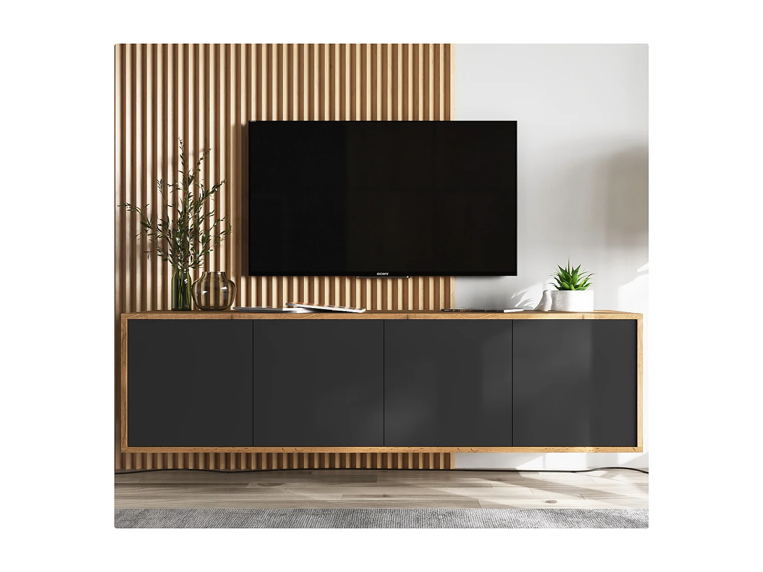 Mueble de TV con 4 puertas - cuerpo roble wotan frentes negro mate - 150 cm
