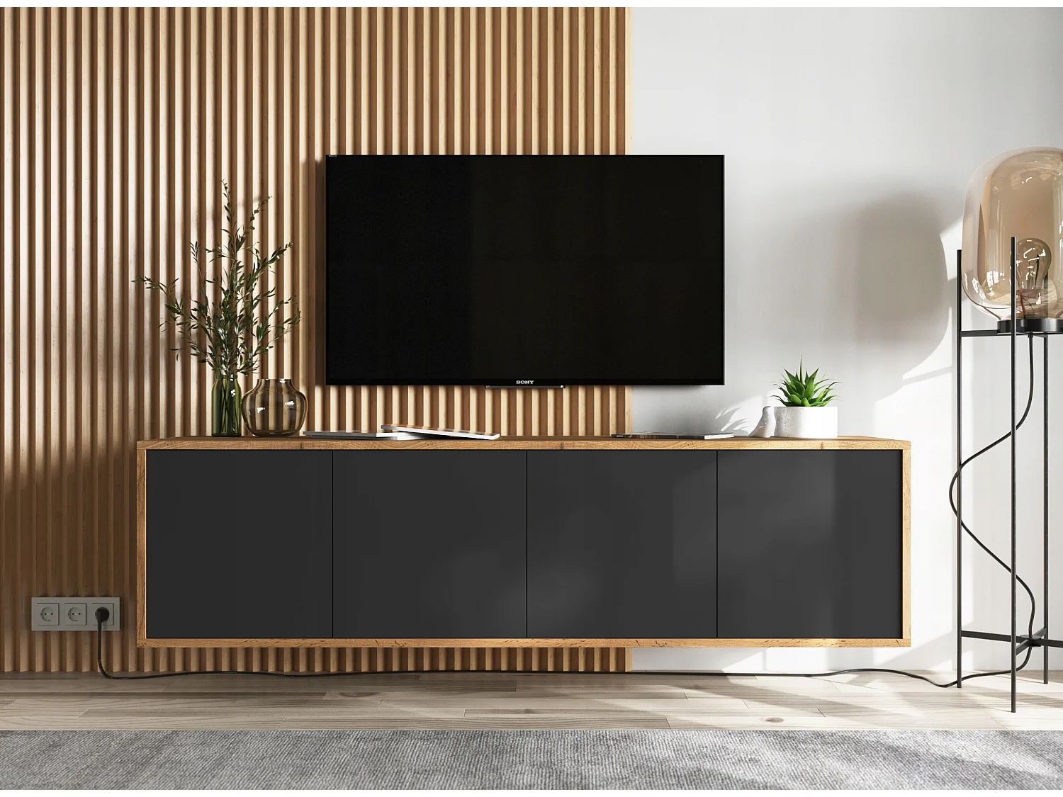 Mueble de TV con 4 puertas - cuerpo roble wotan frentes negro mate - 150 cm