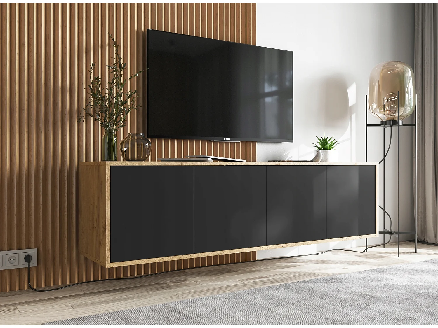 Mueble de TV con 4 puertas - cuerpo roble wotan frentes negro mate - 150 cm