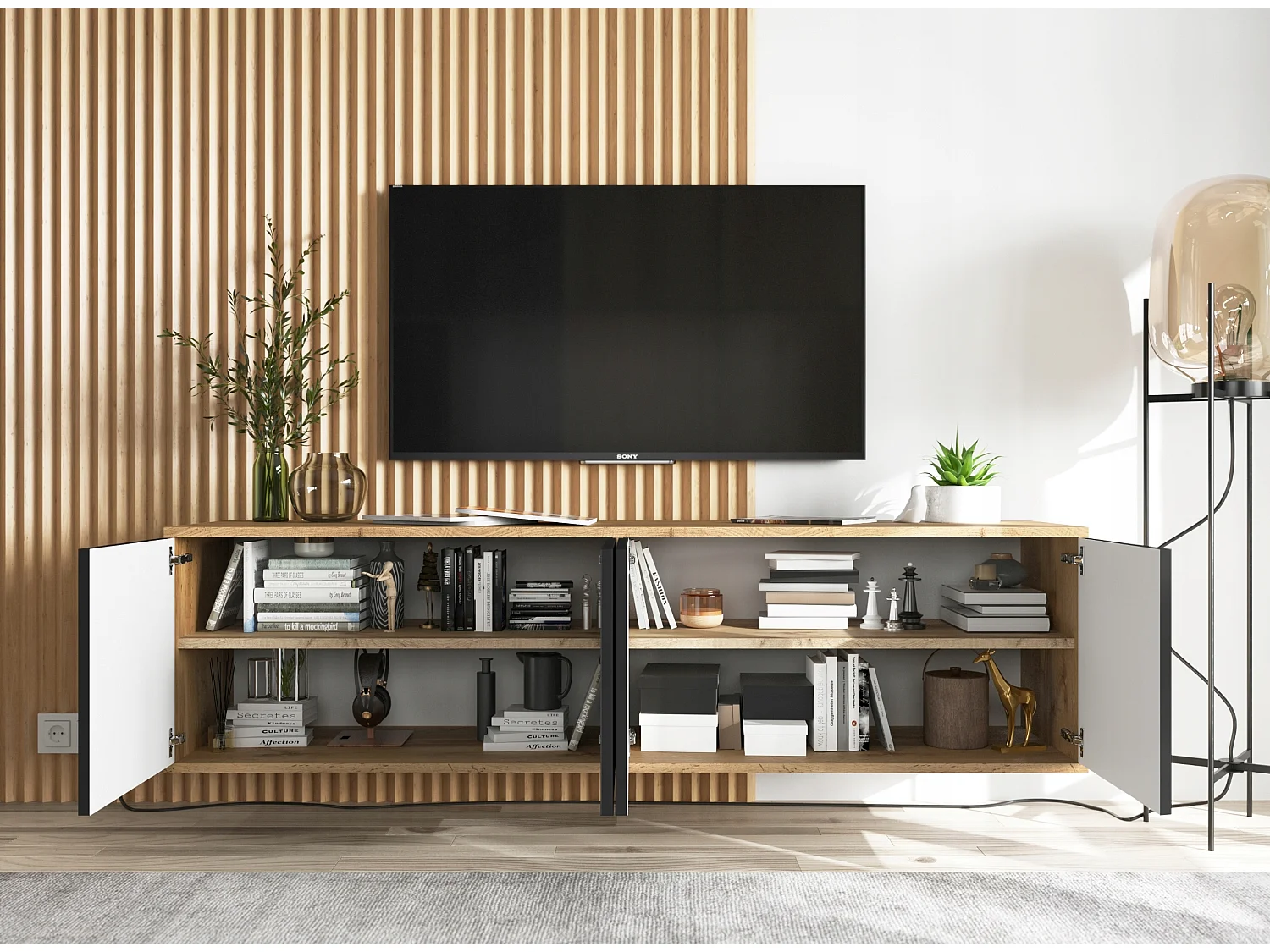 Mueble de TV con 4 puertas - cuerpo roble wotan frentes negro mate - 150 cm