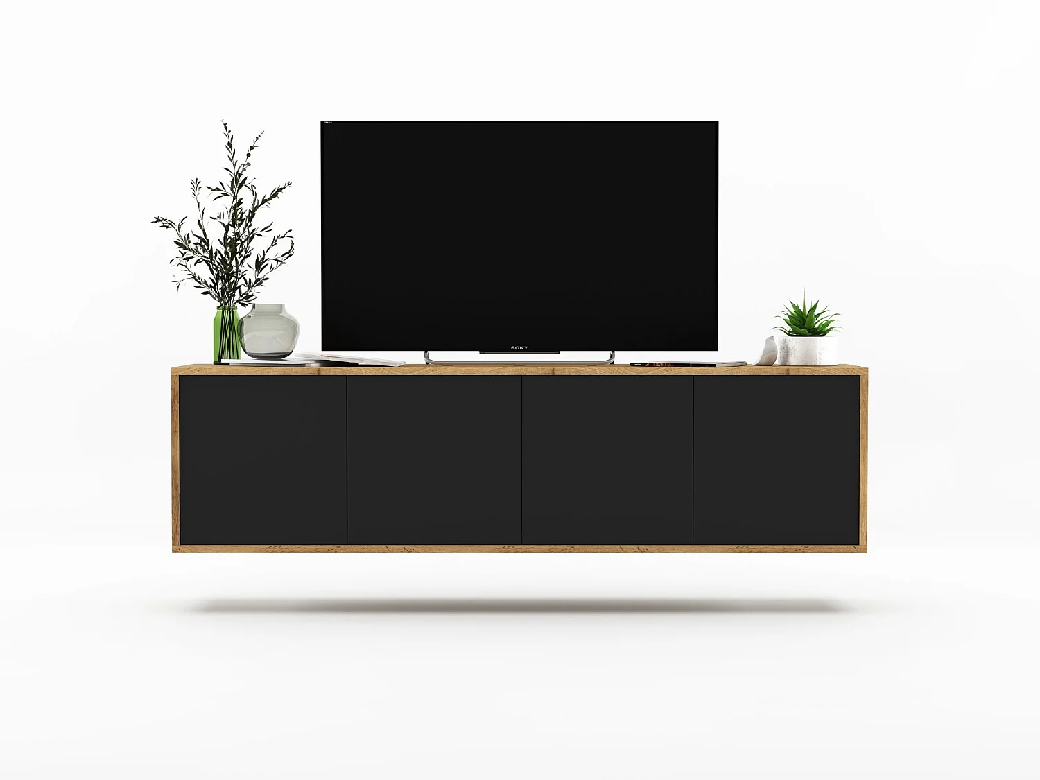 Meuble TV avec 4 portes  - carcasse chêne wotan façades noir mat - 150 cm