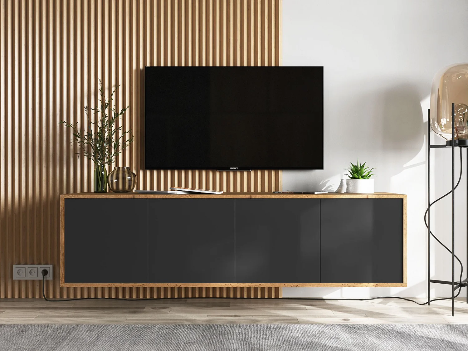 Meuble TV avec 4 portes  - carcasse chêne wotan façades noir mat - 150 cm
