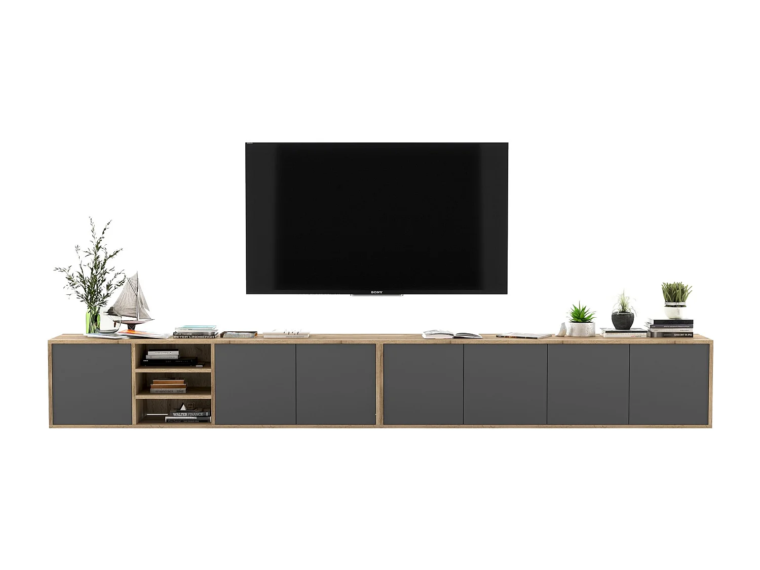 Meuble TV avec 7 portes et 1 niches - carcasse chêne wotan façades graphite mat - 300 cm