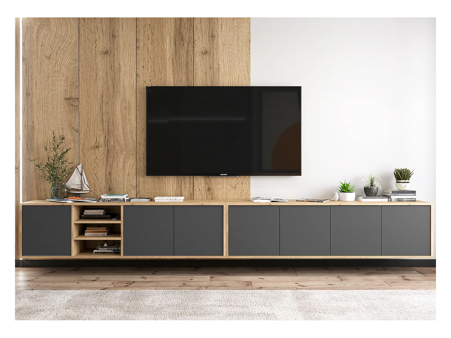 Meuble TV avec 7 portes et 1 niches - carcasse chêne wotan façades graphite mat - 300 cm