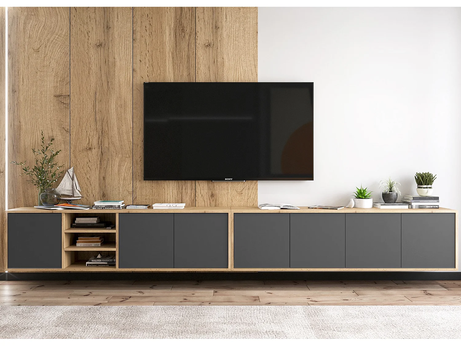 Meuble TV avec 7 portes et 1 niches - carcasse chêne wotan façades graphite mat - 300 cm