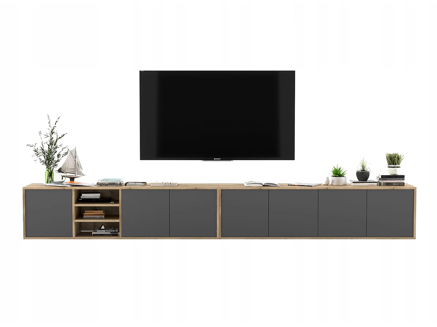 Meuble TV avec 7 portes et 1 niches - carcasse chêne wotan façades graphite mat - 300 cm