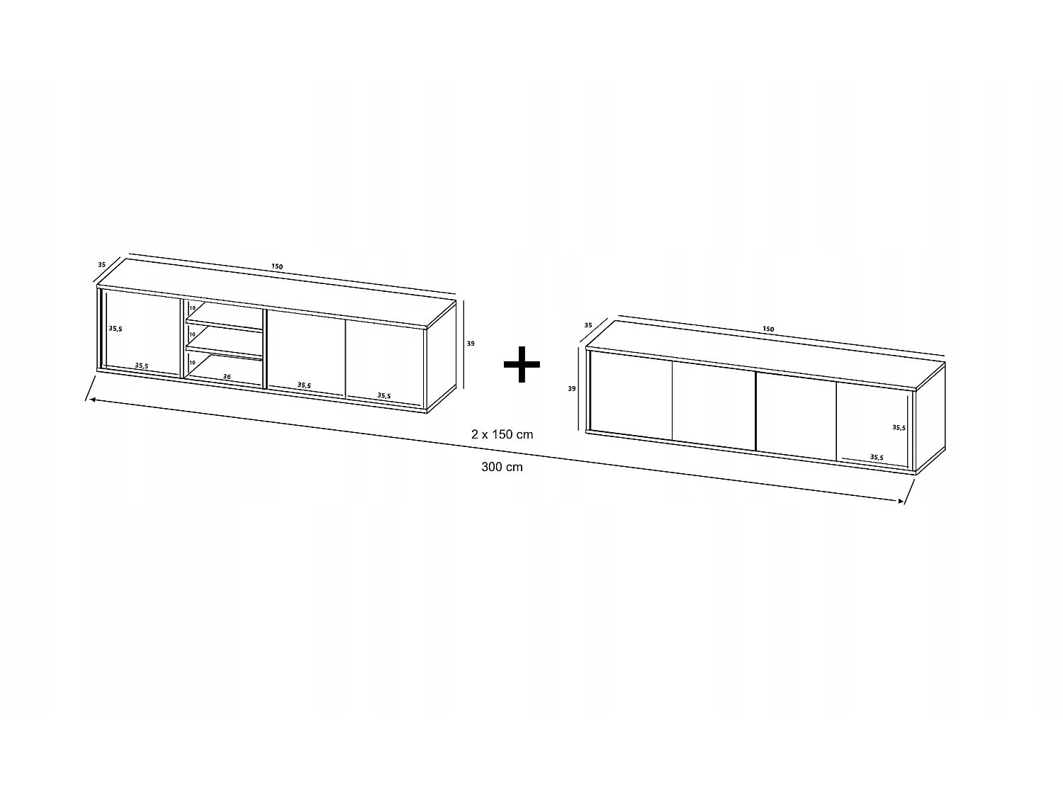 Meuble TV avec 7 portes et 1 niches - carcasse chêne wotan façades graphite mat - 300 cm