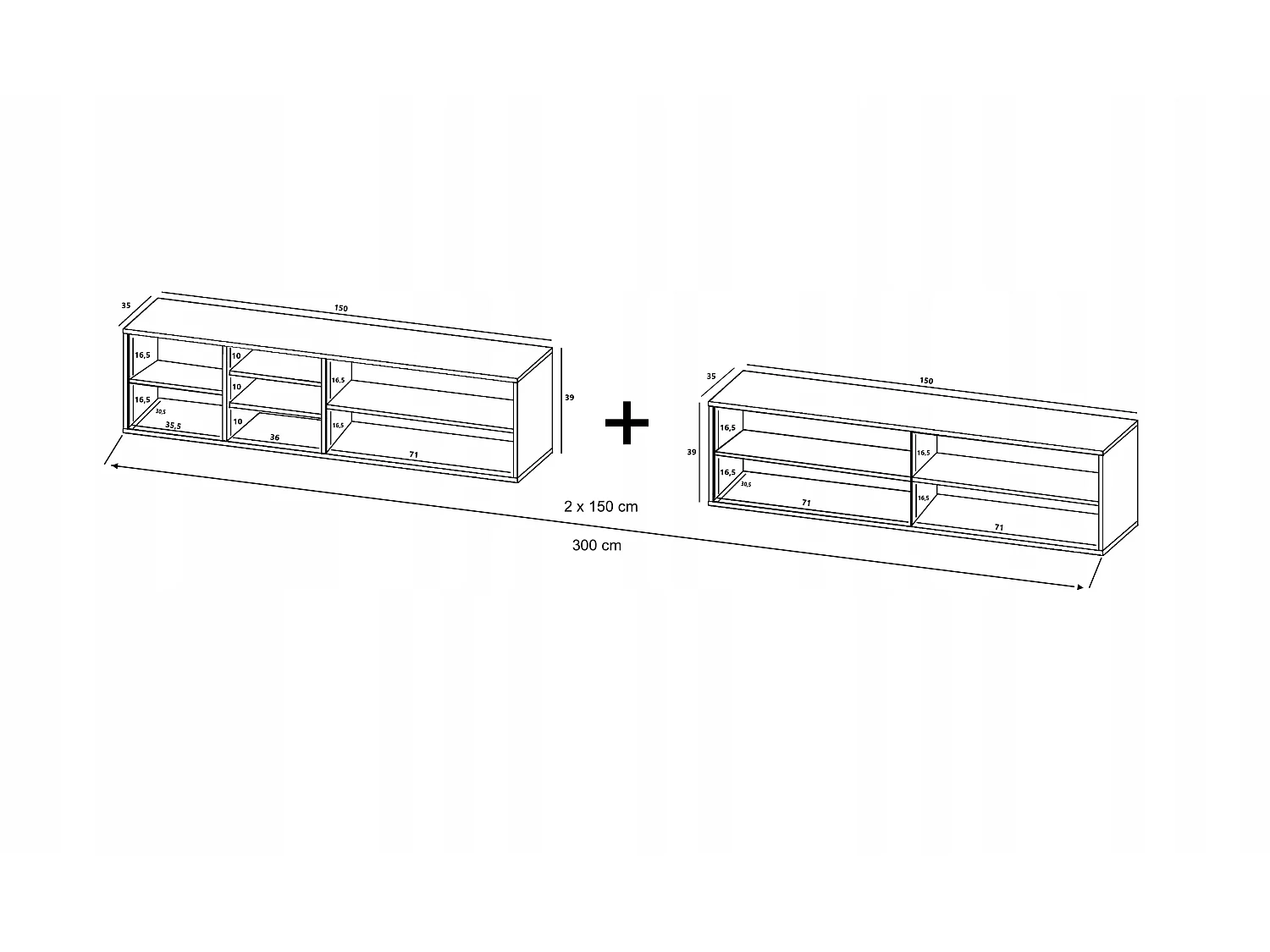 Meuble TV avec 7 portes et 1 niches - carcasse chêne wotan façades graphite mat - 300 cm