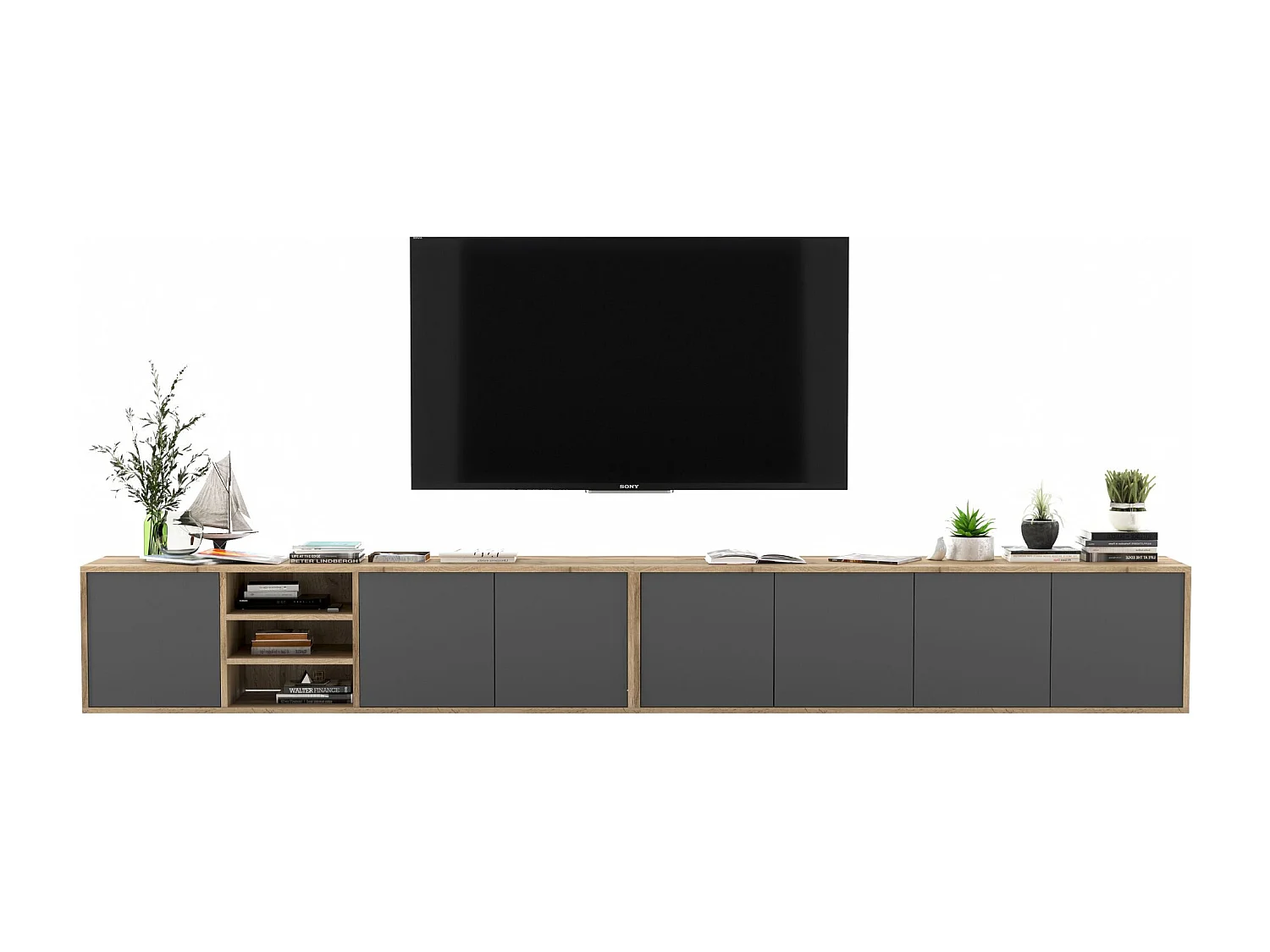 Meuble TV avec 7 portes et 1 niches - carcasse chêne wotan façades graphite mat - 300 cm