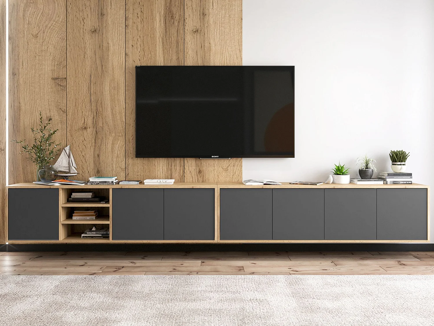 Meuble TV avec 7 portes et 1 niches - carcasse chêne wotan façades graphite mat - 300 cm