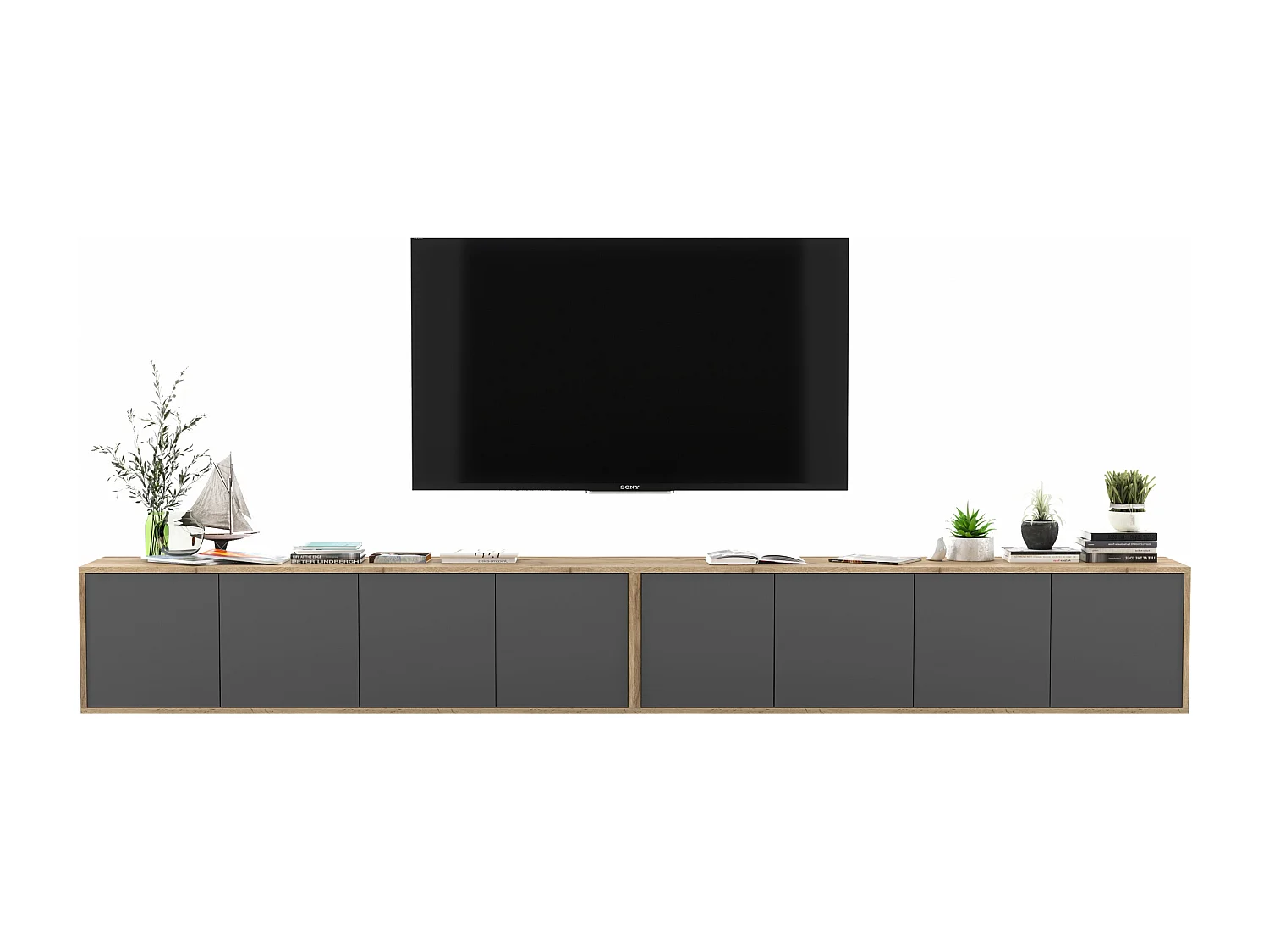 Meuble TV avec 8 portes - carcasse chêne wotan façades graphite mat - 300 cm