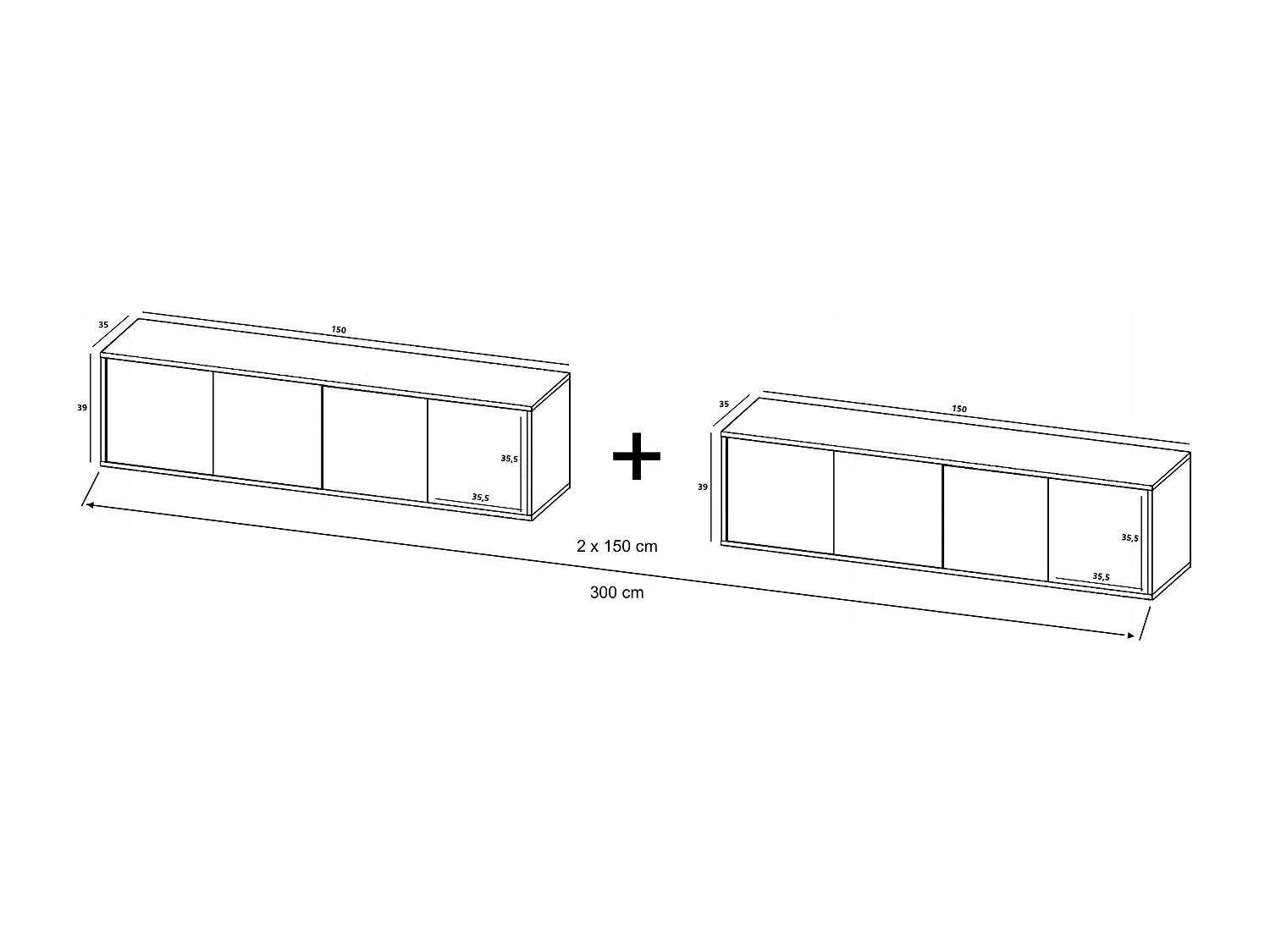 Meuble TV avec 8 portes - carcasse chêne wotan façades graphite mat - 300 cm