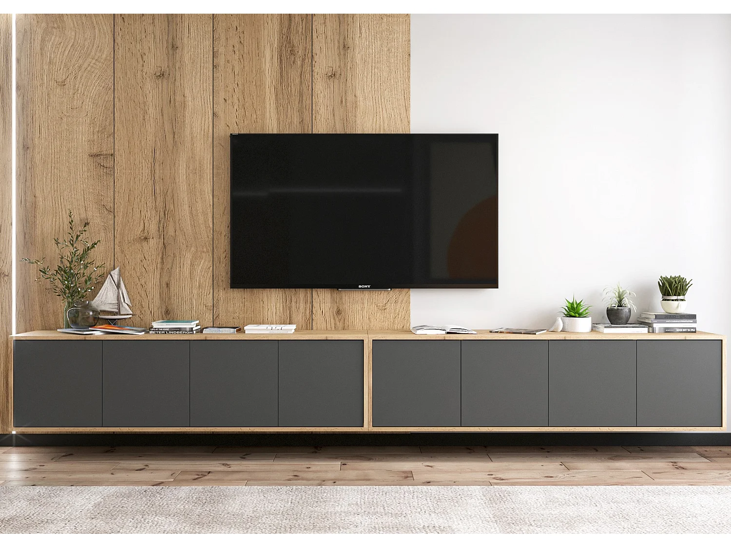 Meuble TV avec 8 portes - carcasse chêne wotan façades graphite mat - 300 cm