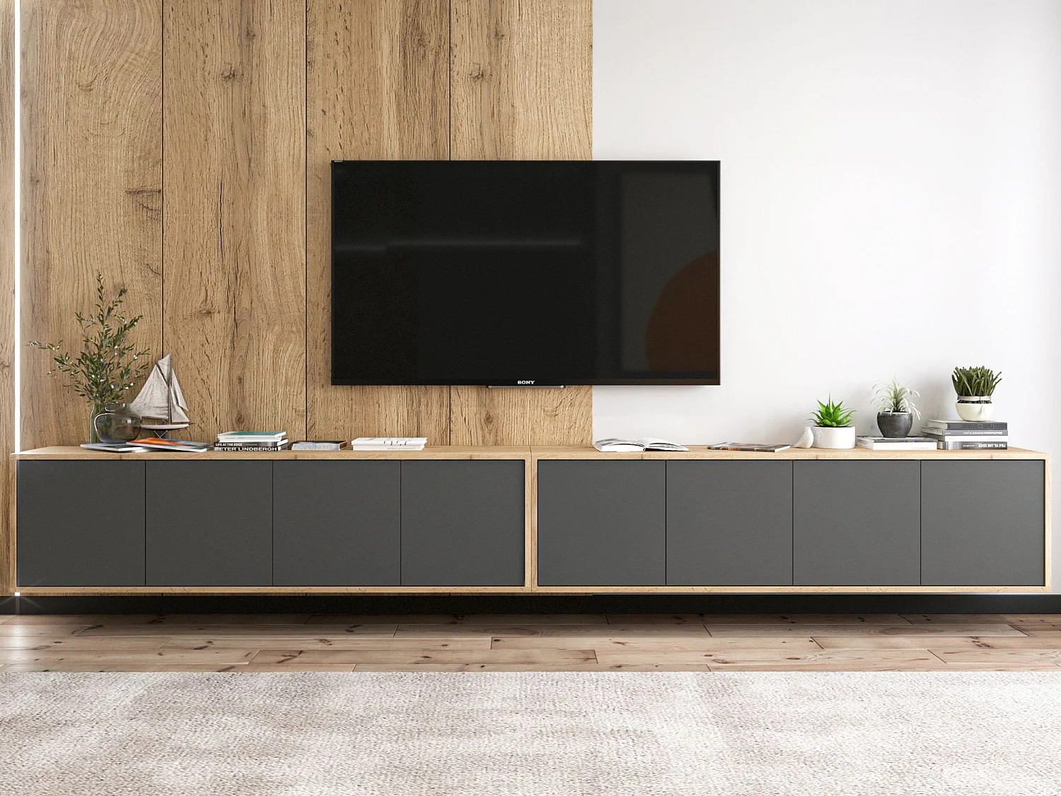 Meuble TV avec 8 portes - carcasse chêne wotan façades graphite mat - 300 cm
