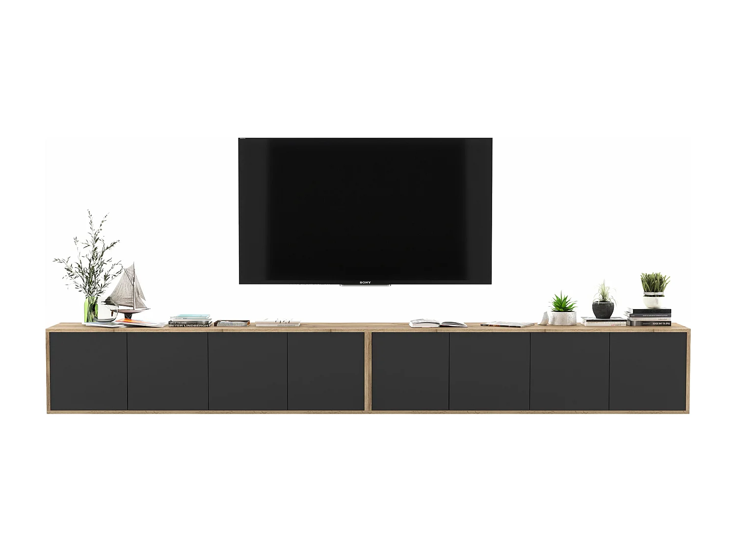 Meuble TV avec 8 portes - carcasse chêne wotan façades noir mat - 300 cm