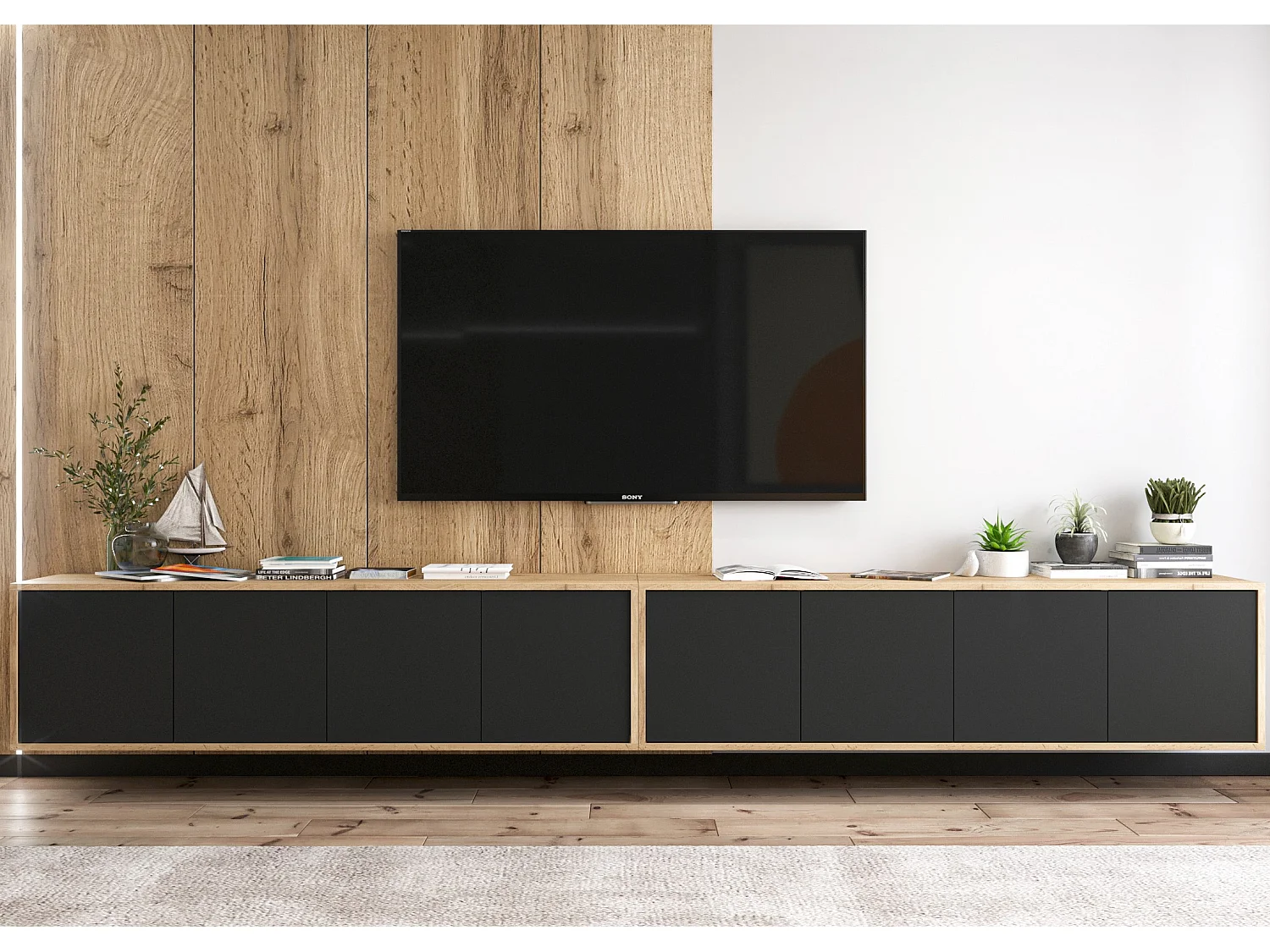 Meuble TV avec 8 portes - carcasse chêne wotan façades noir mat - 300 cm