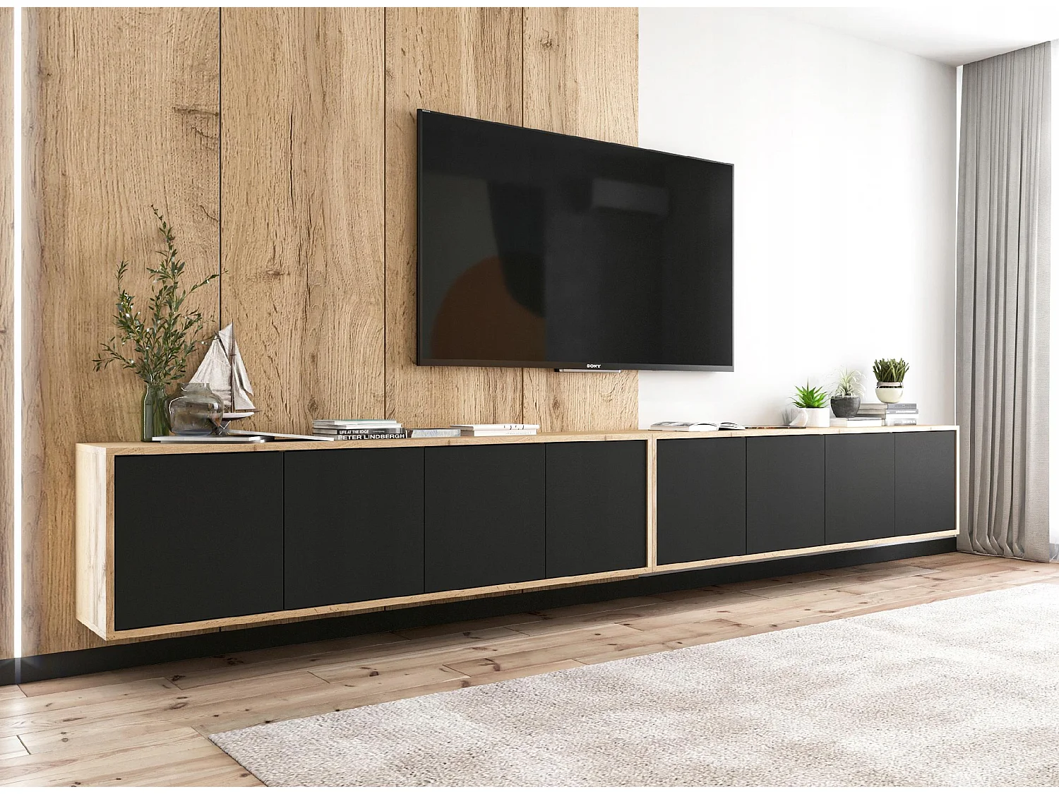 Meuble TV avec 8 portes - carcasse chêne wotan façades noir mat - 300 cm