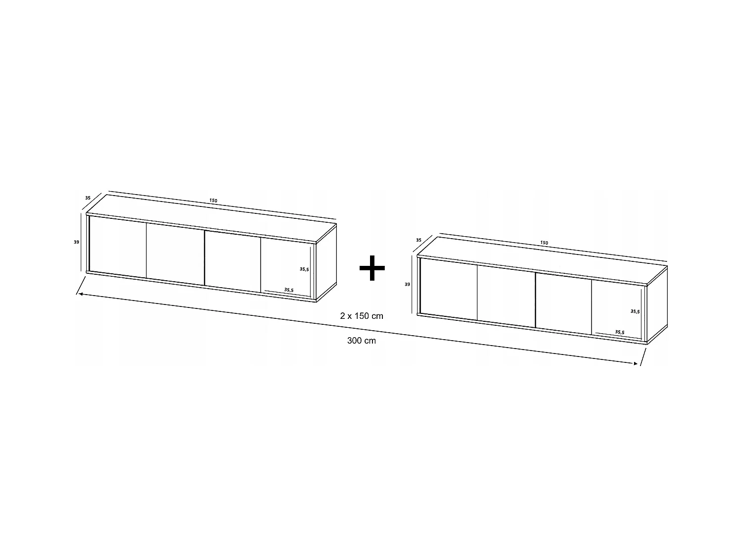 Meuble TV avec 8 portes - carcasse chêne wotan façades noir mat - 300 cm