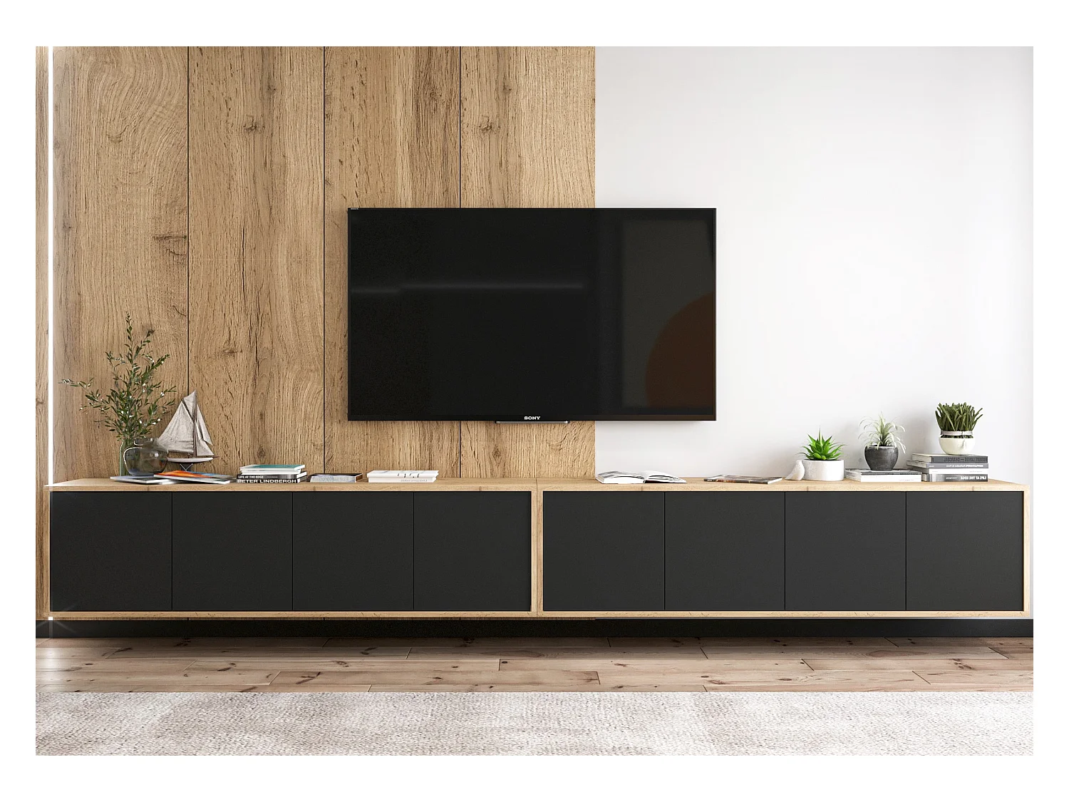 Meuble TV avec 8 portes - carcasse chêne wotan façades noir mat - 300 cm