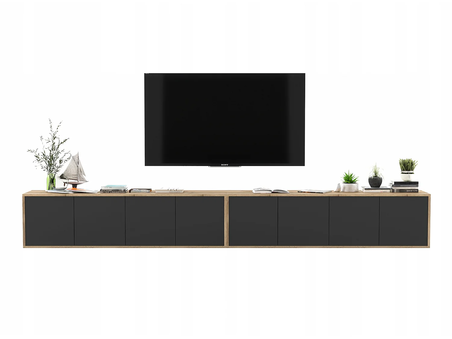 Meuble TV avec 8 portes - carcasse chêne wotan façades noir mat - 300 cm