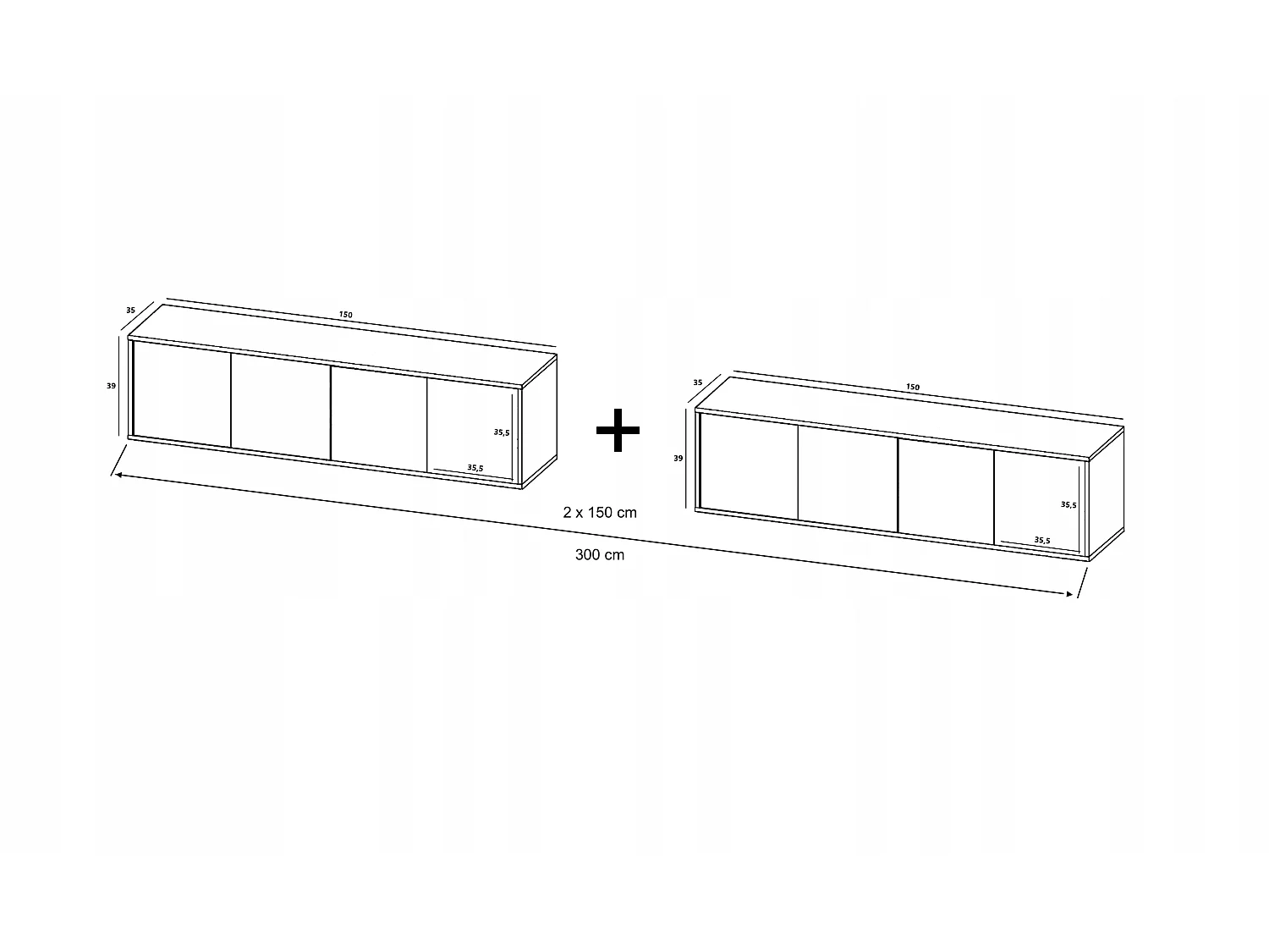 Meuble TV avec 8 portes - carcasse chêne wotan façades noir mat - 300 cm