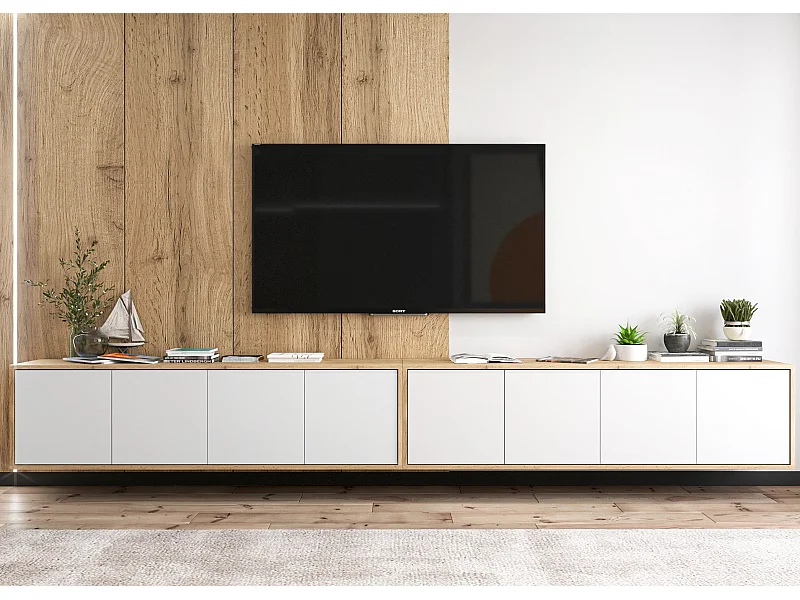 Meuble TV avec 8 portes - carcasse chêne wotan façades blanc mat - 300 cm