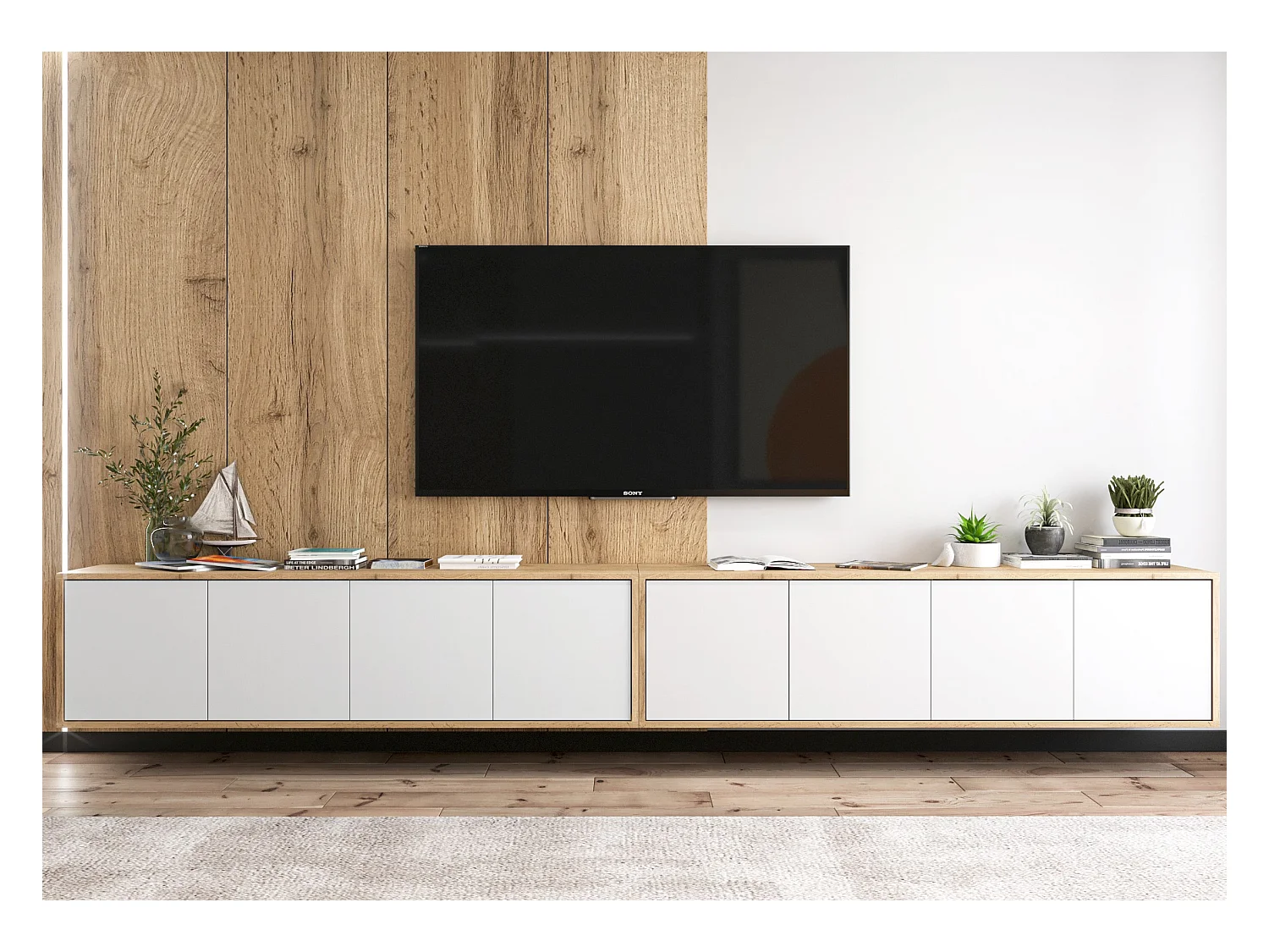 Meuble TV avec 8 portes - carcasse chêne wotan façades blanc mat - 300 cm