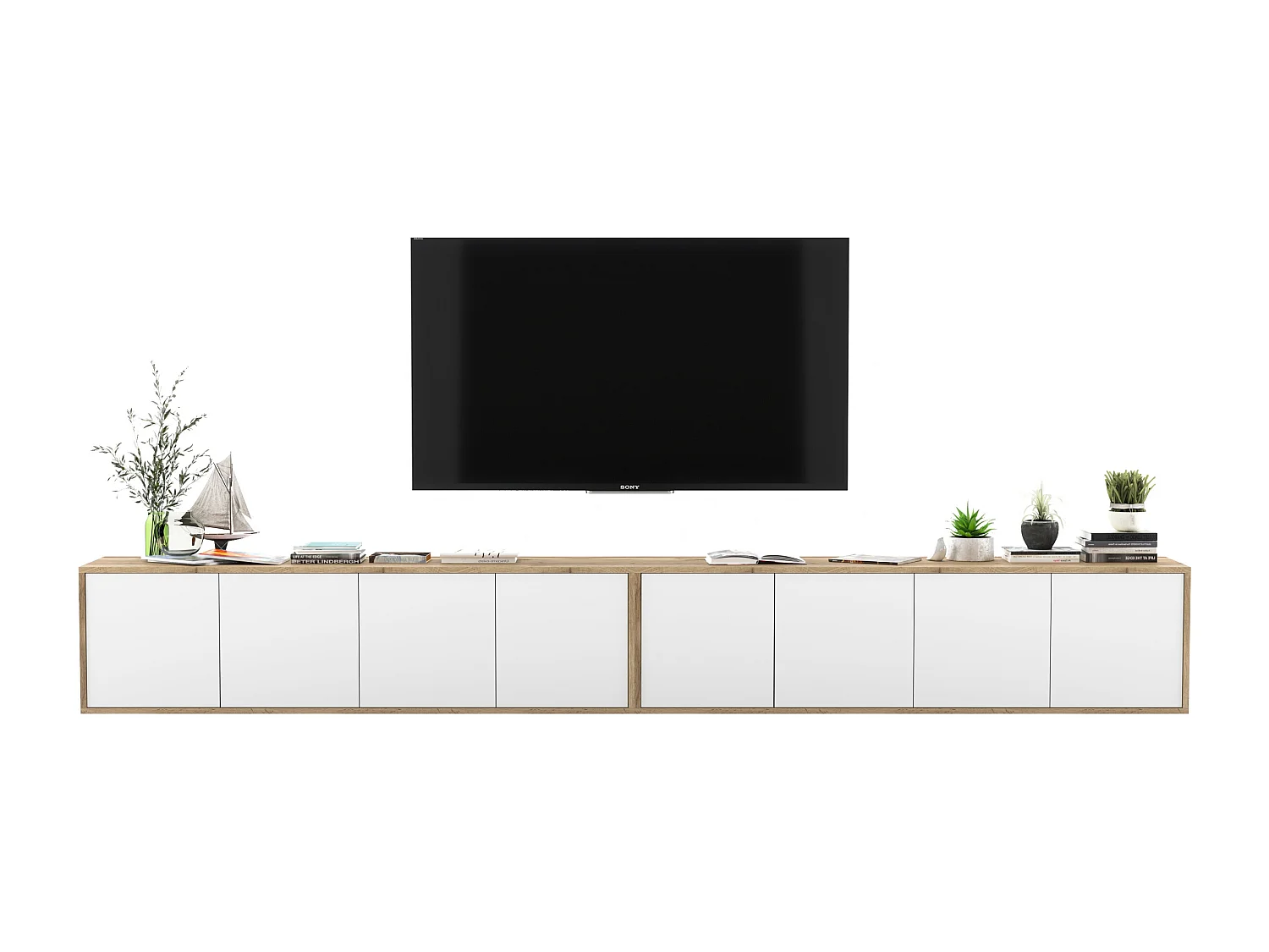 Mueble de TV con 8 puertas - estructura roble wotan frentes blanco mate - 300 cm
