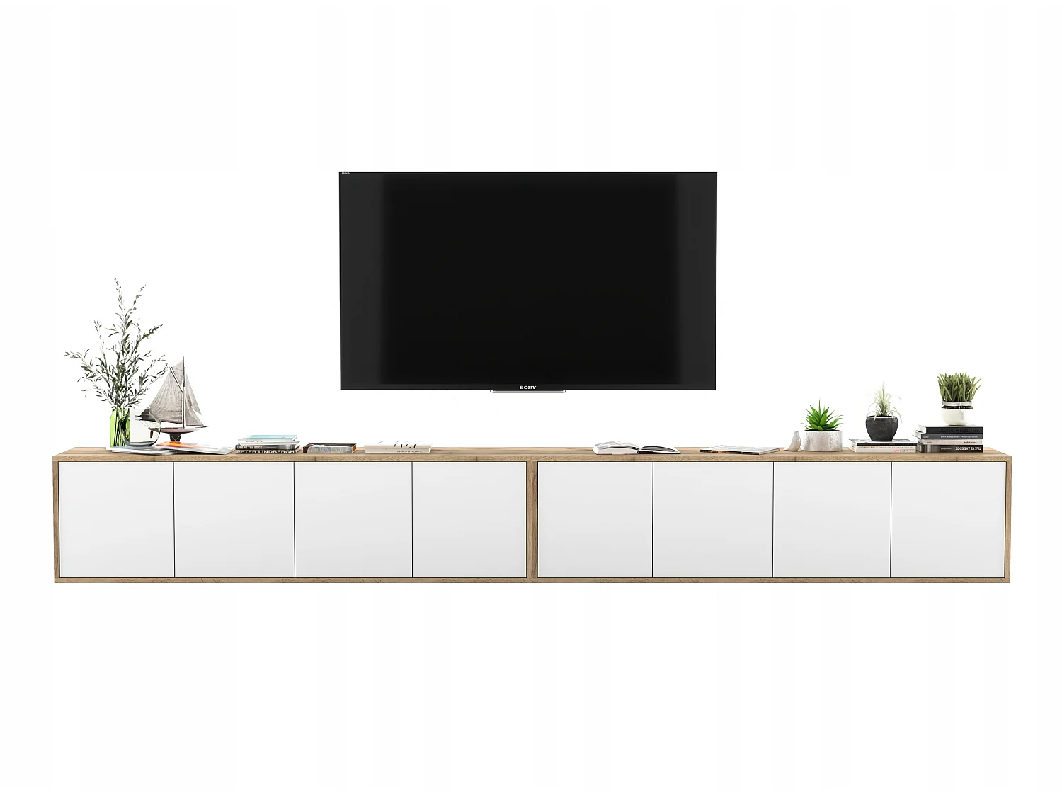 Meuble TV avec 8 portes - carcasse chêne wotan façades blanc mat - 300 cm