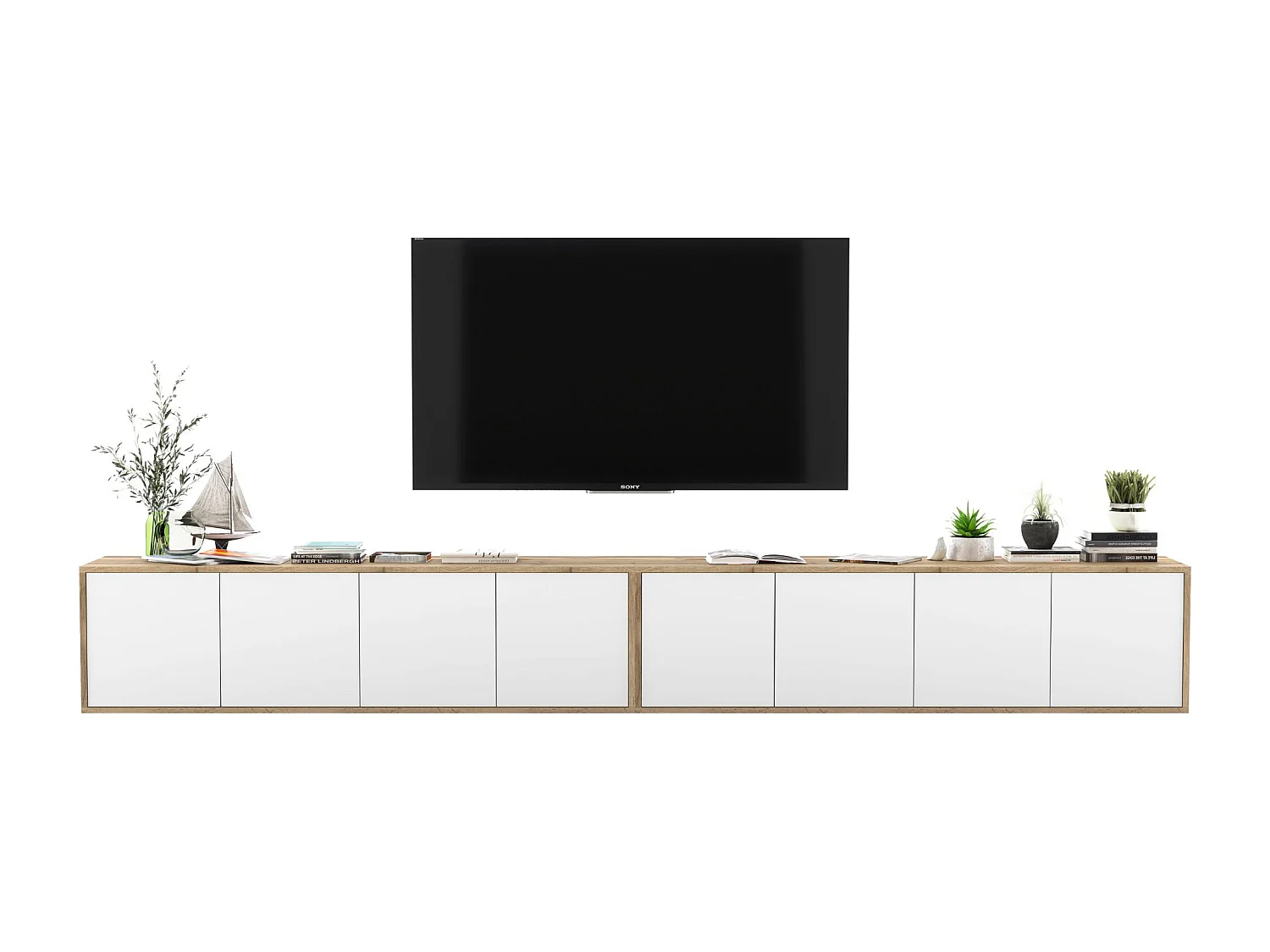 Meuble TV avec 8 portes - carcasse chêne wotan façades blanc mat - 300 cm