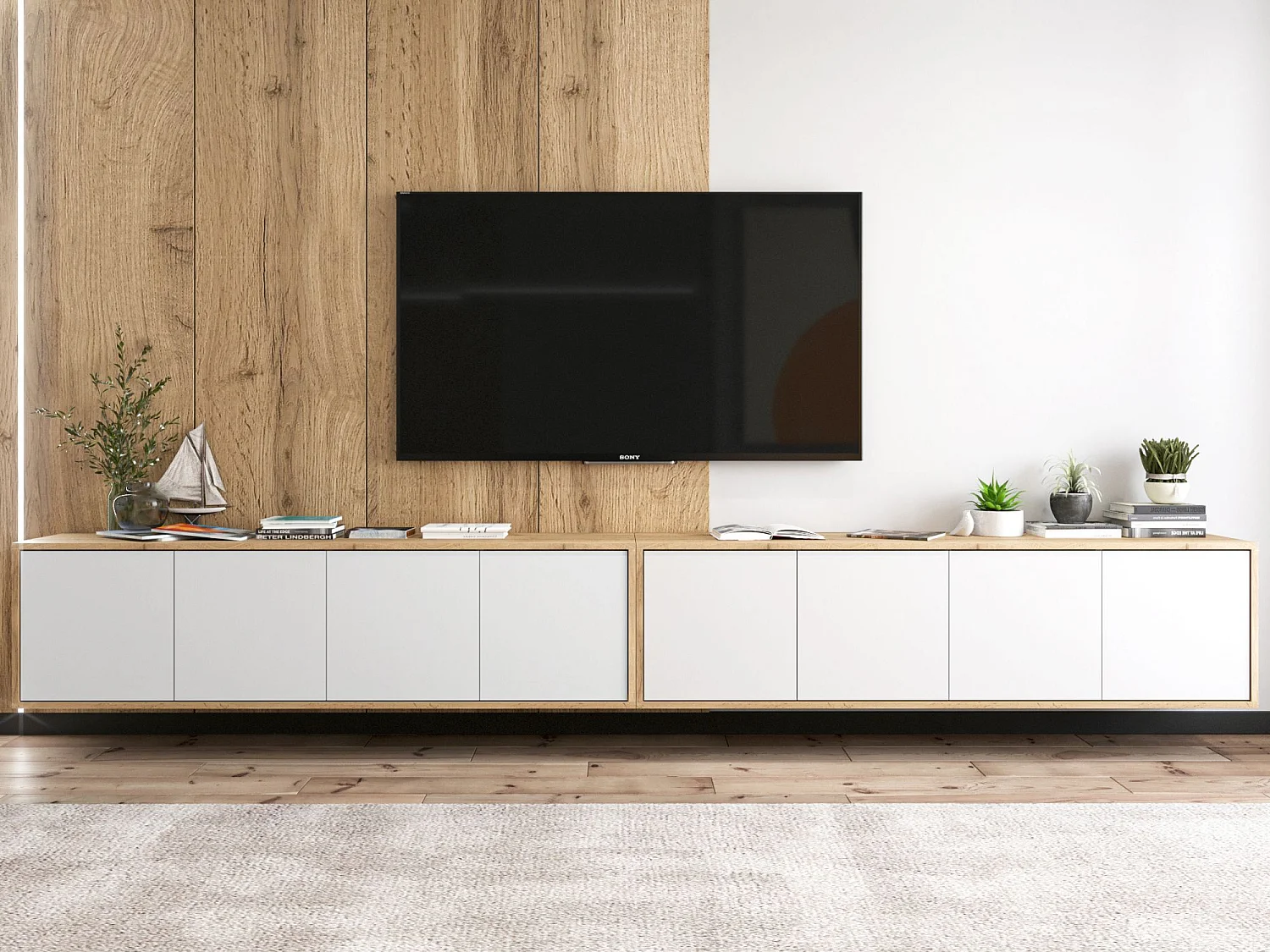 Meuble TV avec 8 portes - carcasse chêne wotan façades blanc mat - 300 cm