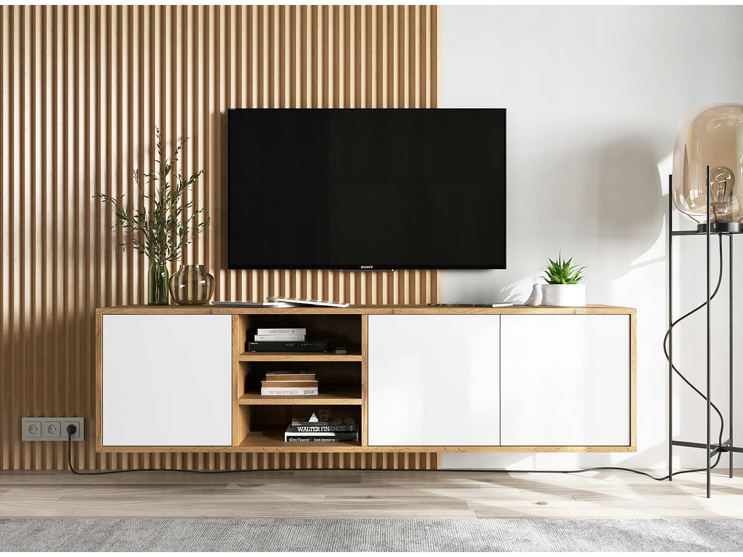 TV-meubel met 3 deuren en 1 open vak - romp eiken wotan fronten wit mat - 150 cm