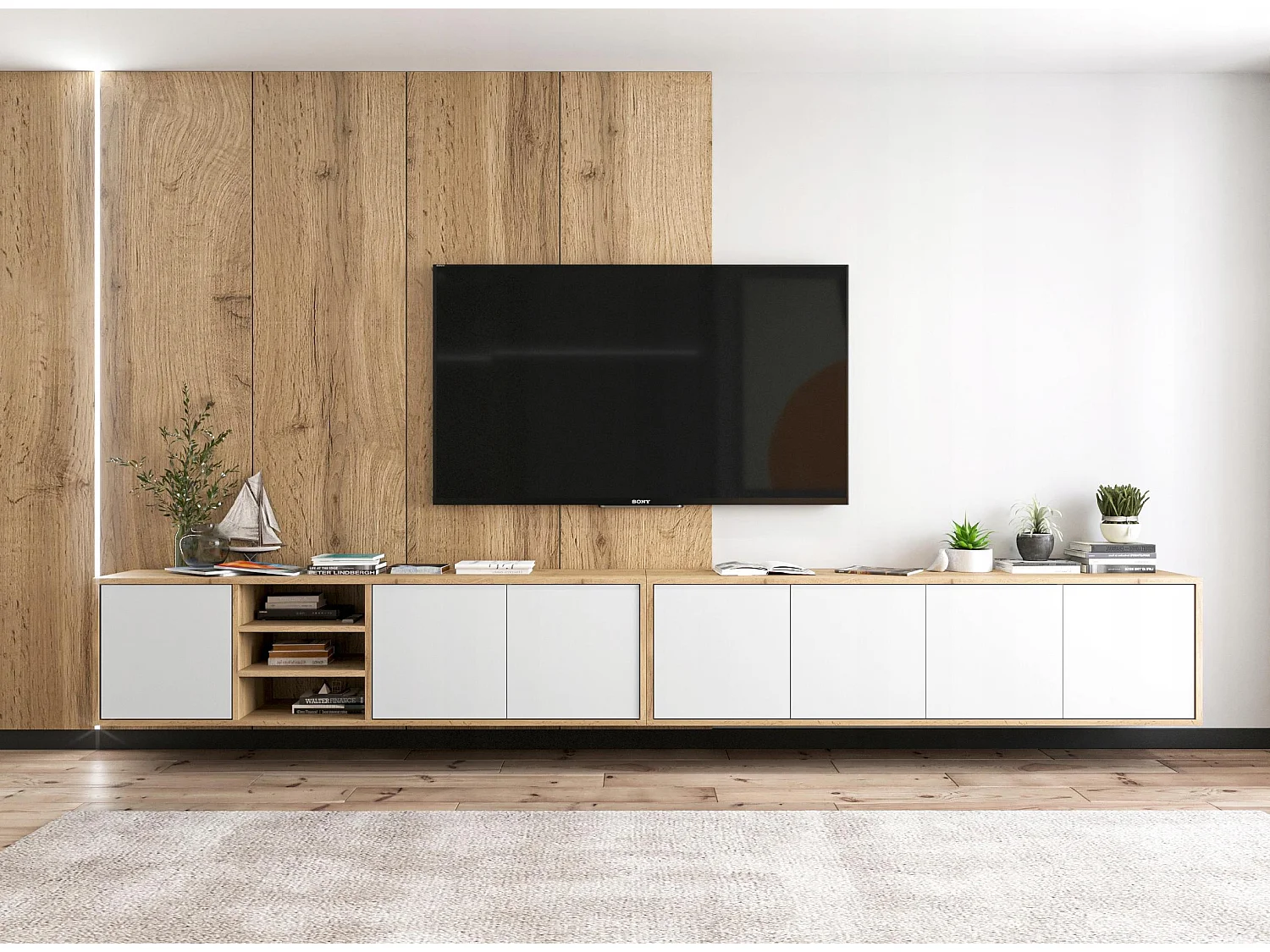 TV-meubel met 3 deuren en 1 open vak - romp eiken wotan fronten wit mat - 150 cm