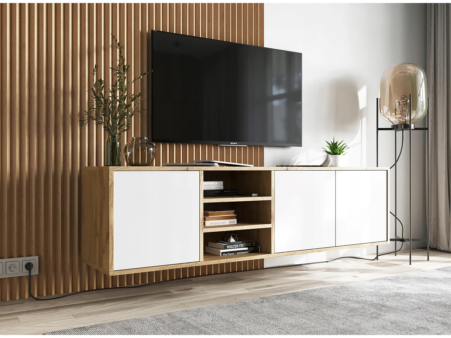 Mueble de TV con 3 puertas y 1 nicho - estructura roble wotan frentes blanco mate - 150 cm