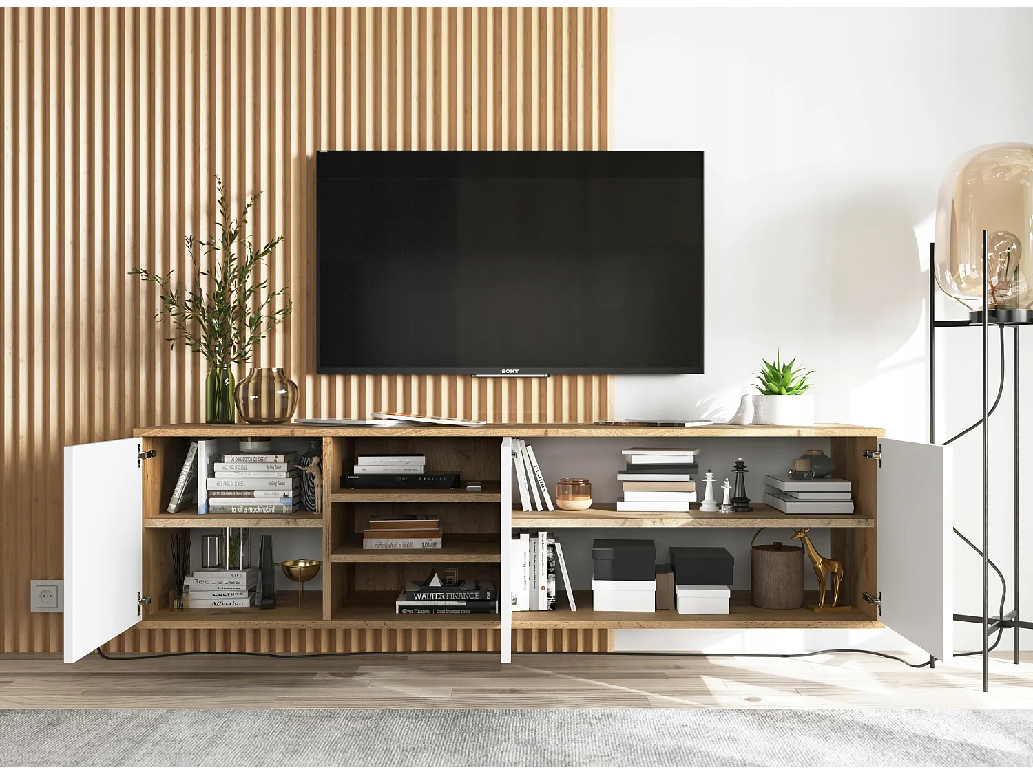 Mueble de TV con 3 puertas y 1 nicho - estructura roble wotan frentes blanco mate - 150 cm