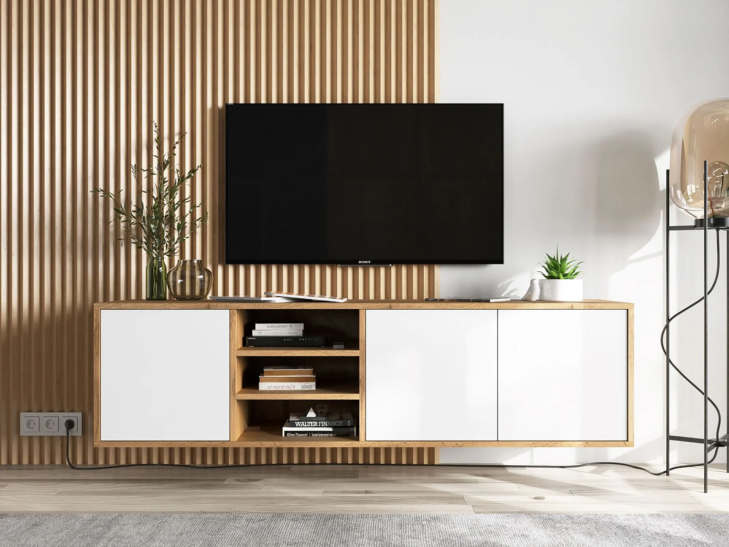 Meuble TV avec 3 portes et 1 niches - carcasse chêne wotan façades blanc mat - 150 cm