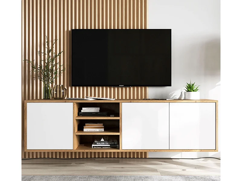 TV-Schrank mit 3 Türen und 1 Fach - Korpus Eiche Wotan Fronten Weiß matt - 150 cm