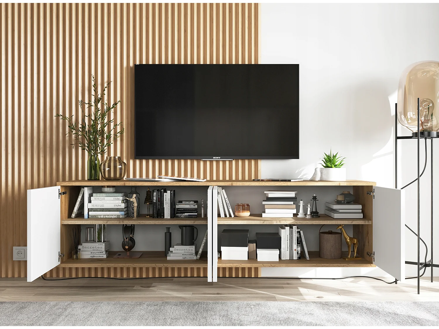 TV-Schrank mit 4 Türen - Korpus Eiche Wotan Fronten Weiß matt - 150 cm